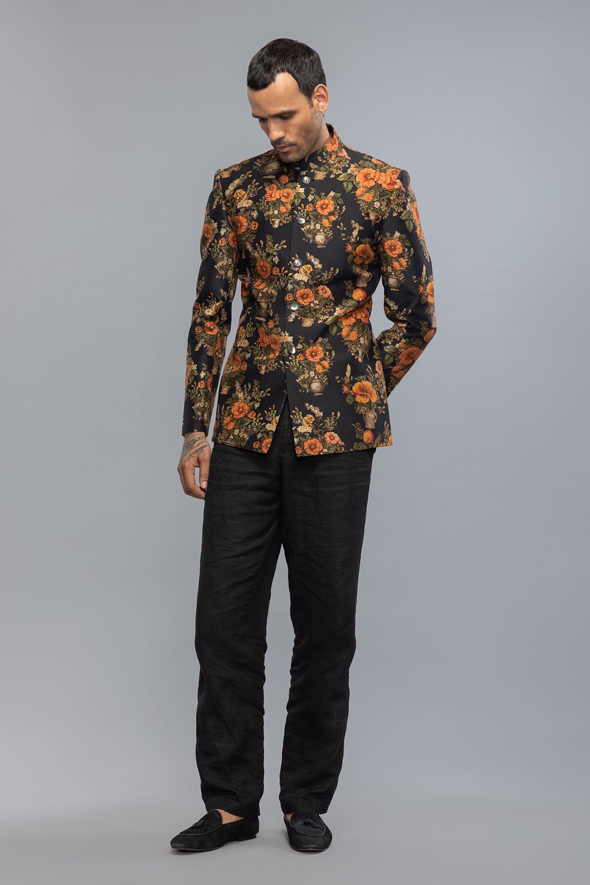 Men's Black Floral Printed Dupion Silk Badhgala