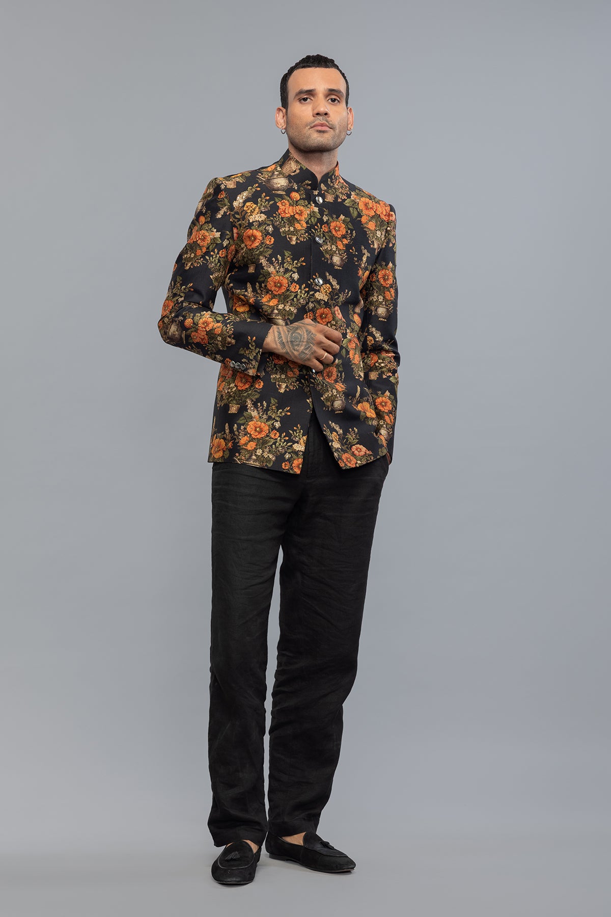 Men's Black Floral Printed Dupion Silk Badhgala