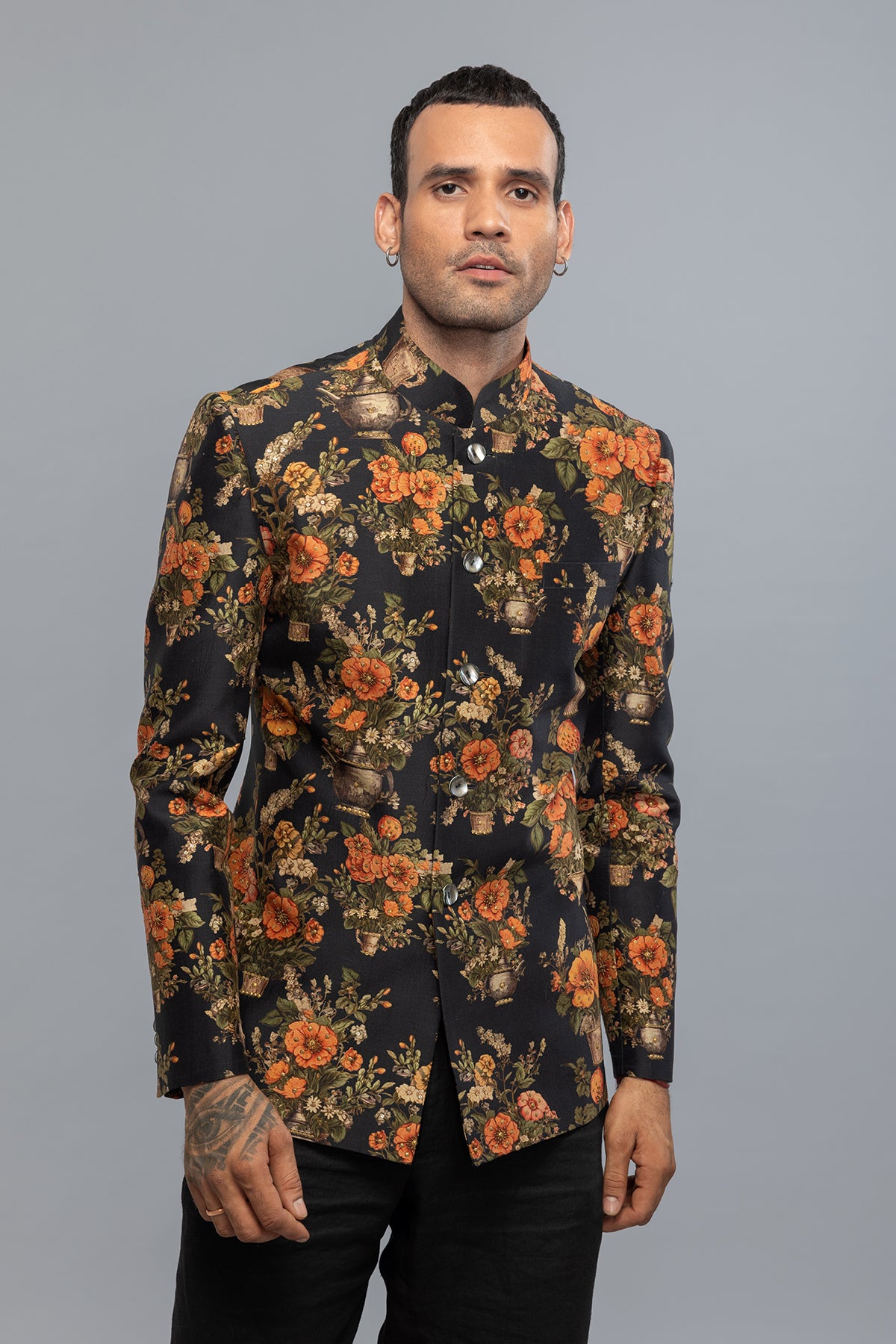 Men's Black Floral Printed Dupion Silk Badhgala