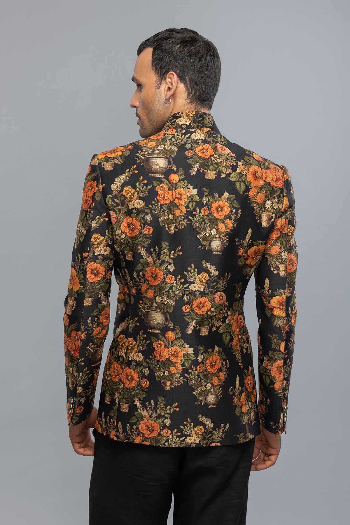 Men's Black Floral Printed Dupion Silk Badhgala