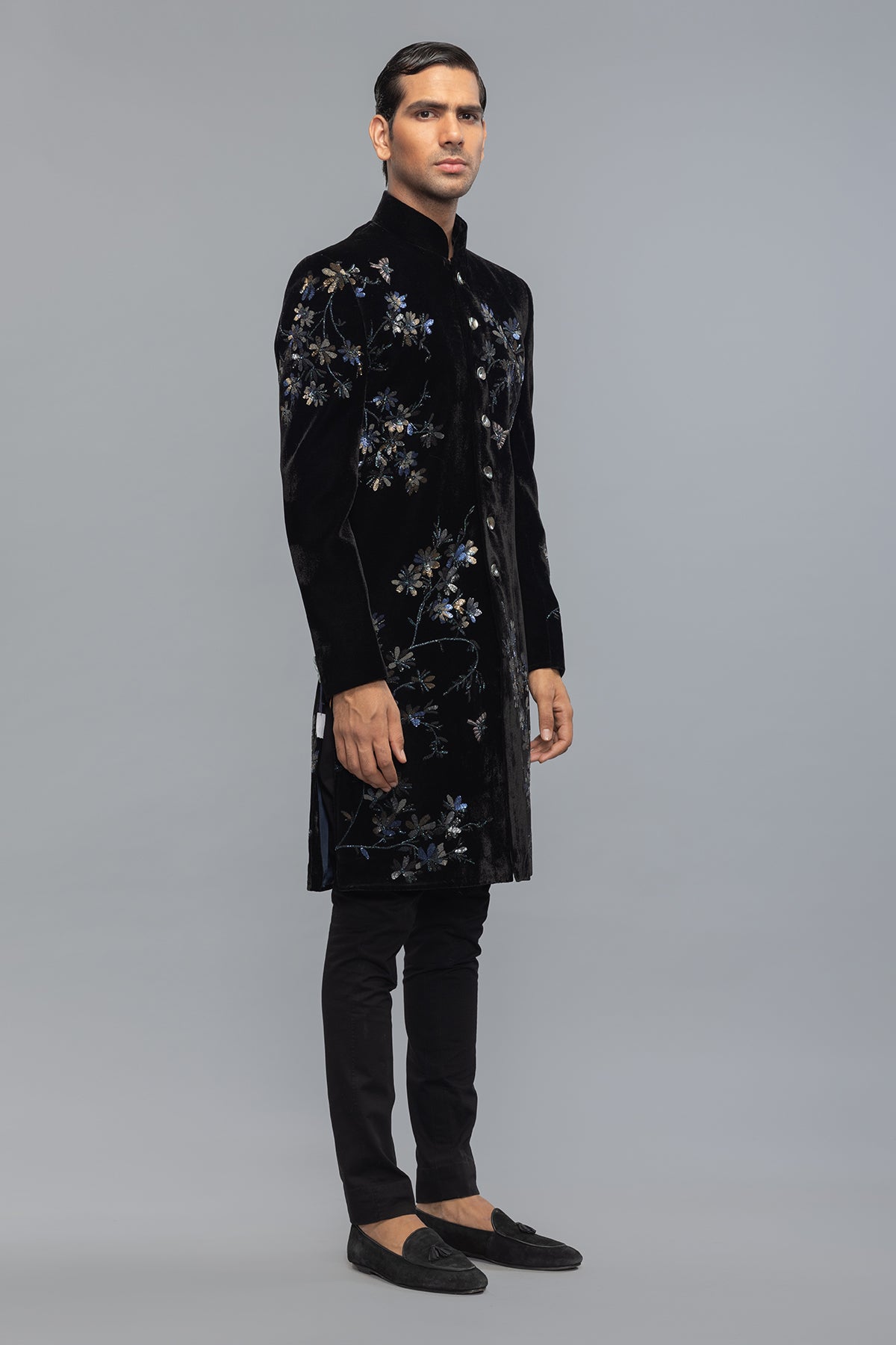 Men's Black Velvet Sherwani with Artisan Detailing