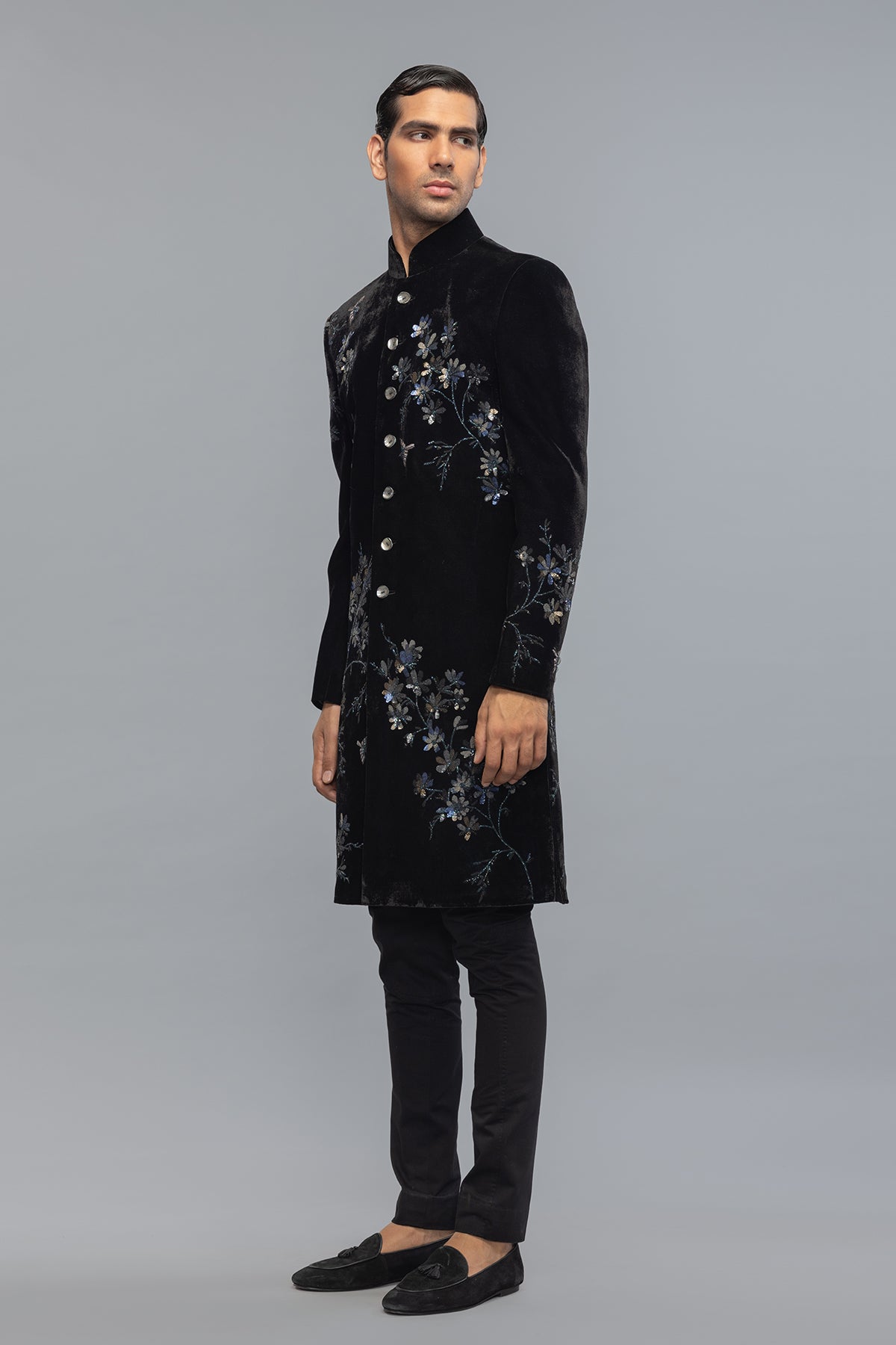 Men's Black Velvet Sherwani with Artisan Detailing