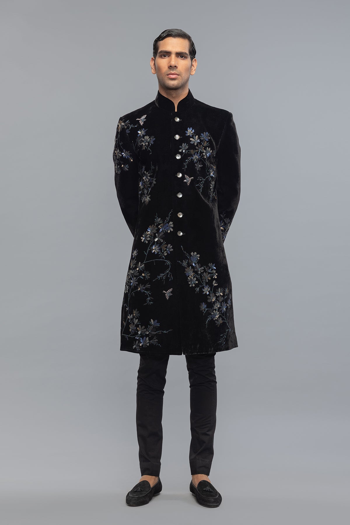 Men's Black Velvet Sherwani with Artisan Detailing