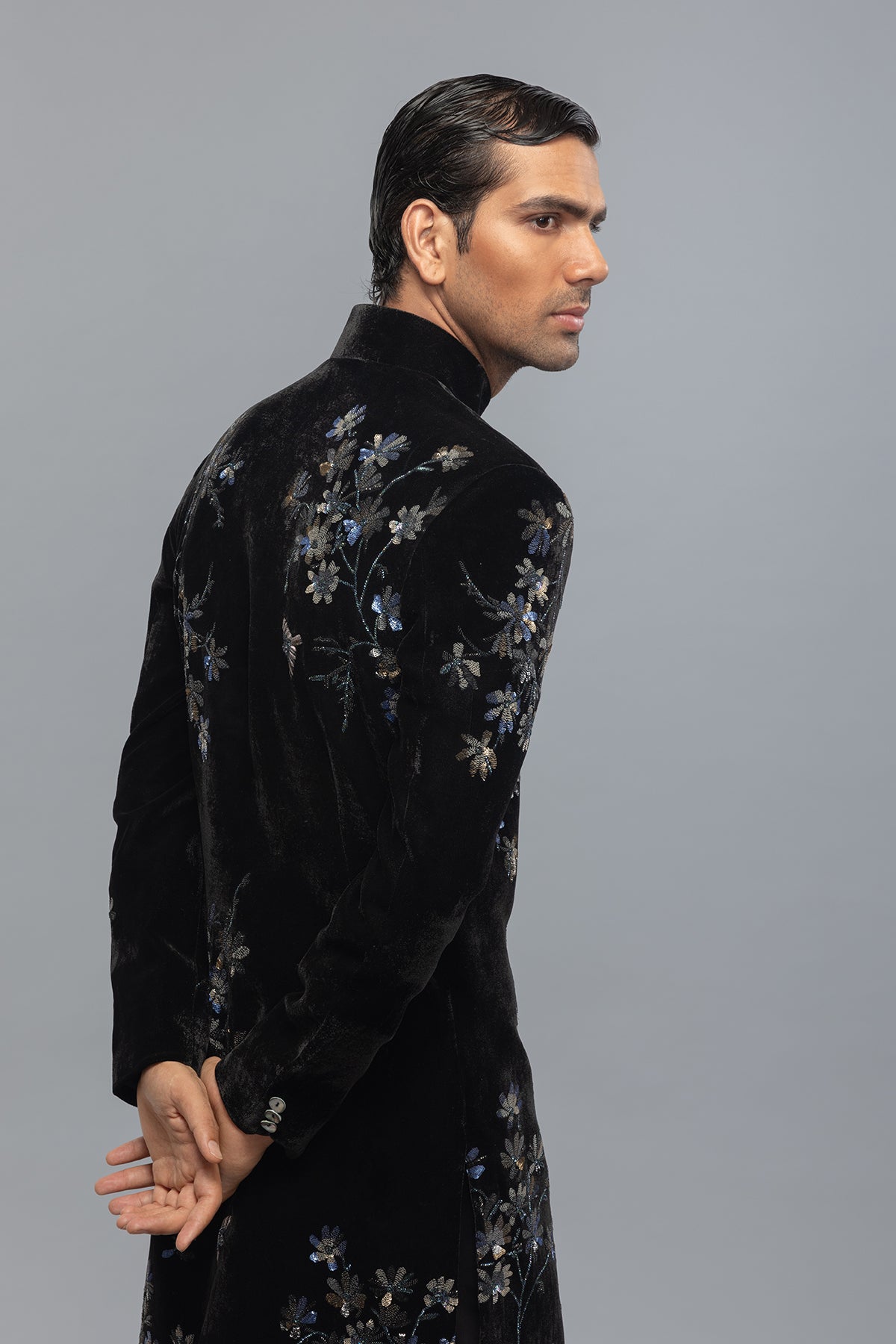 Men's Black Velvet Sherwani with Artisan Detailing