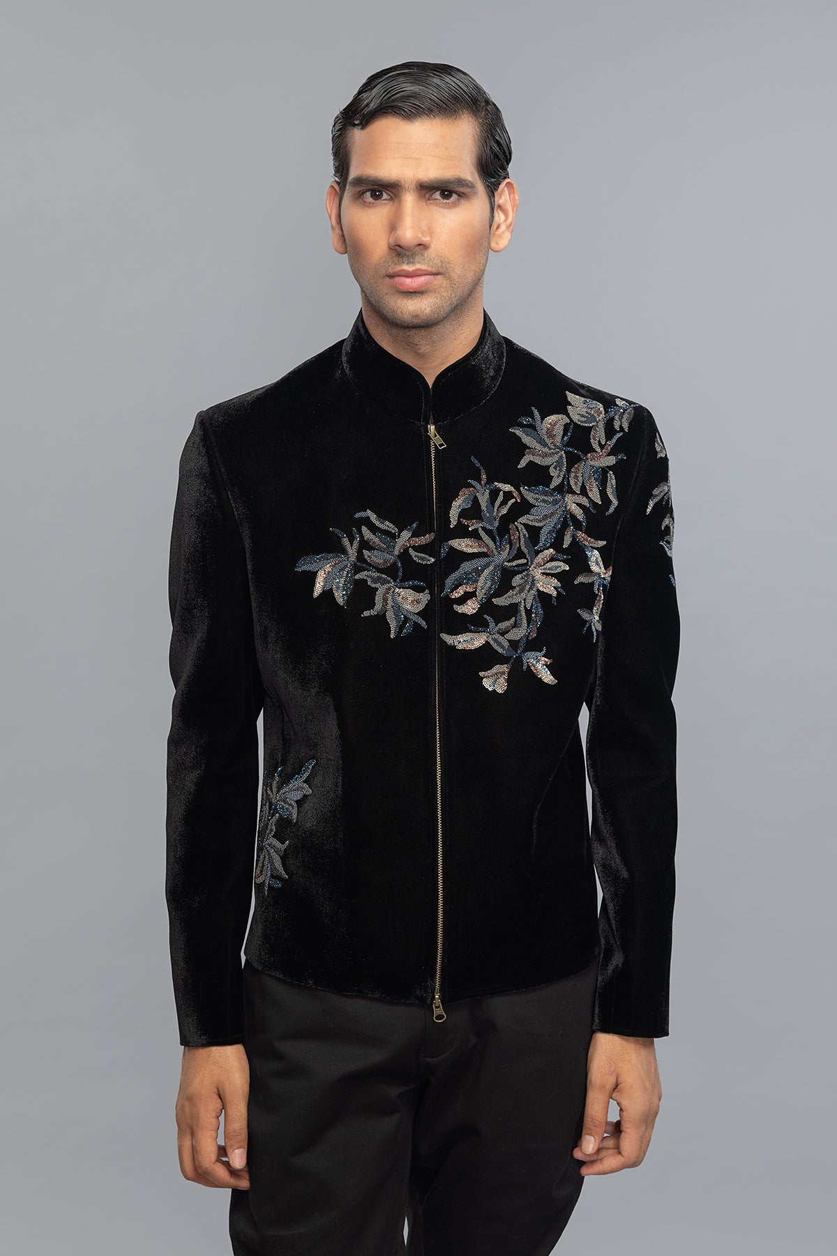 Elegant Black Velvet Men's Bandhgala with Intricate Embroidery