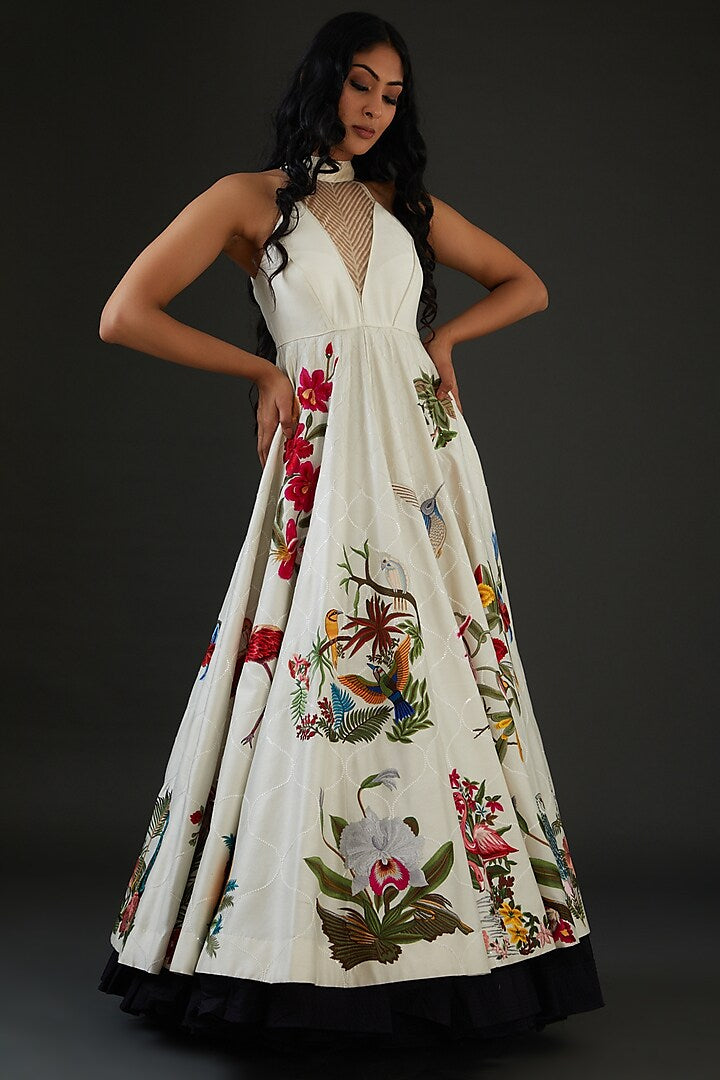 Chanderi Silk Anarkali Set With Floral Embroidery