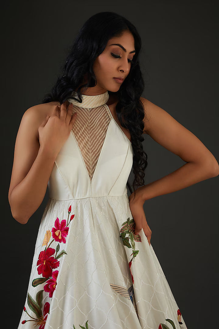 Chanderi Silk Anarkali Set With Floral Embroidery