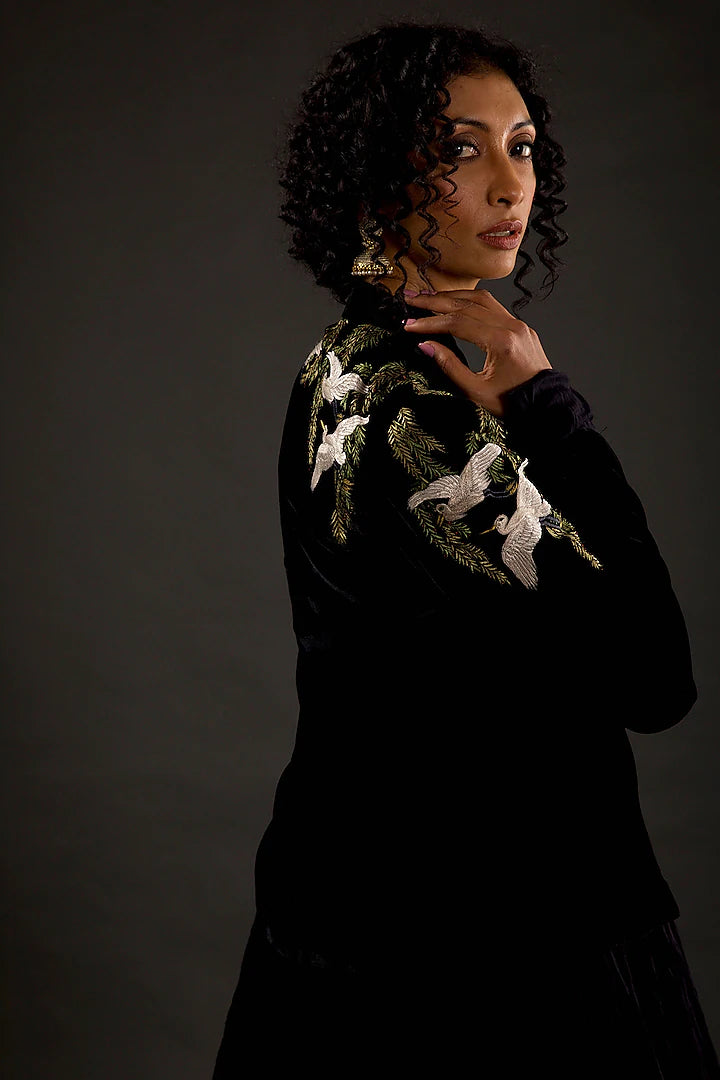 Black Velvet Short Jacket With Embroidery