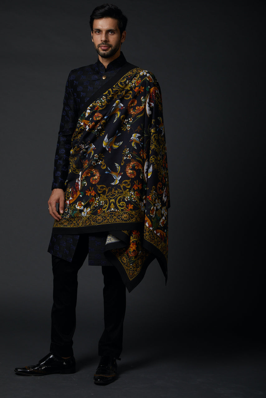 Indigo Khadi Shawl With Print