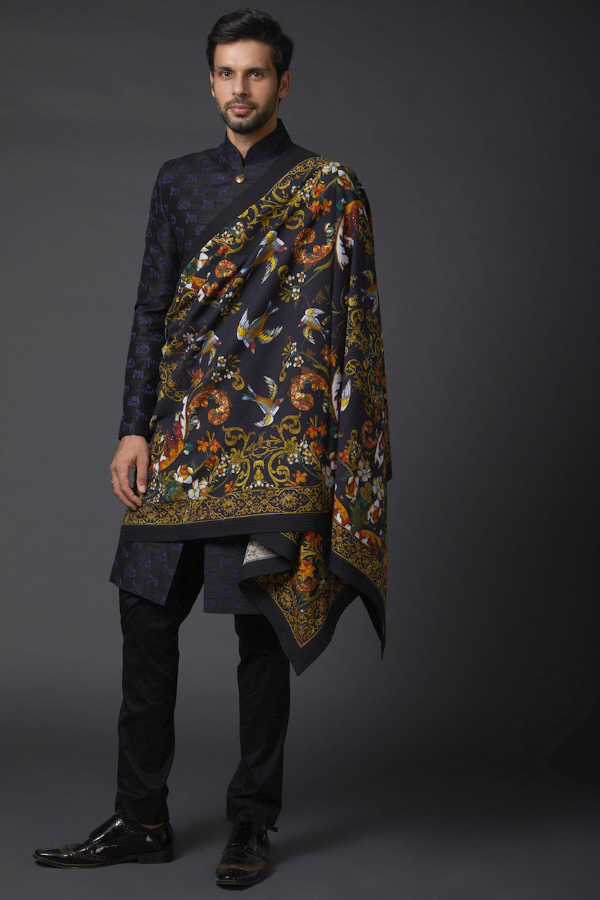 Indigo Khadi Shawl With Print