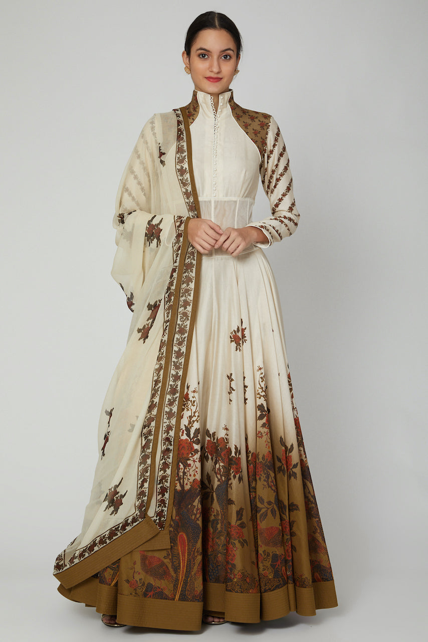 Ivory & Beige Digital Printed Anarkali Set