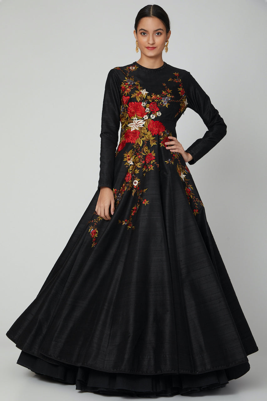 Chanderi Anarkali Set With Floral Embroidery