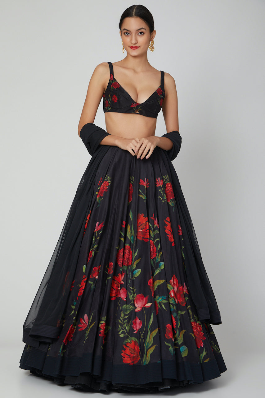 Black Chanderi Lehenga Set With Floral Digital Print
