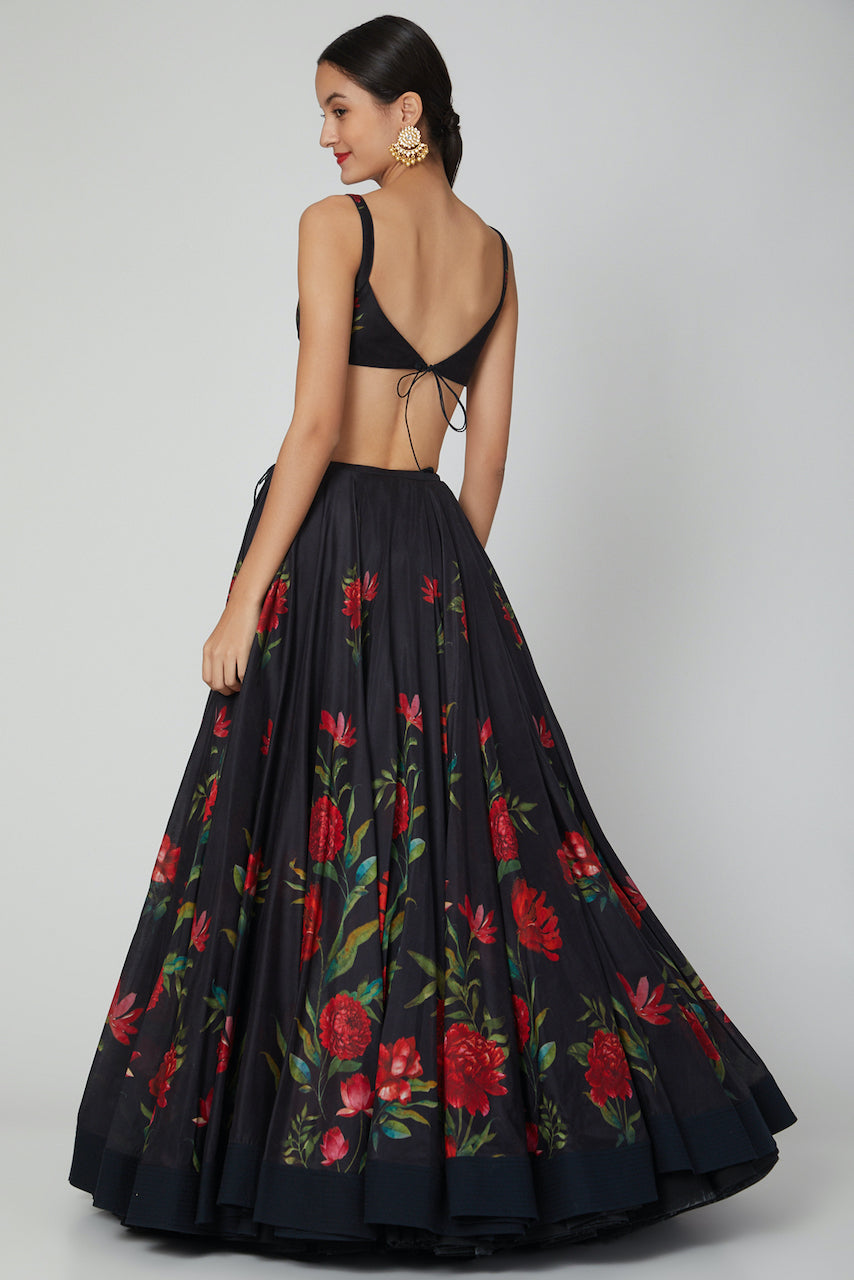 Black Chanderi Lehenga Set With Floral Digital Print