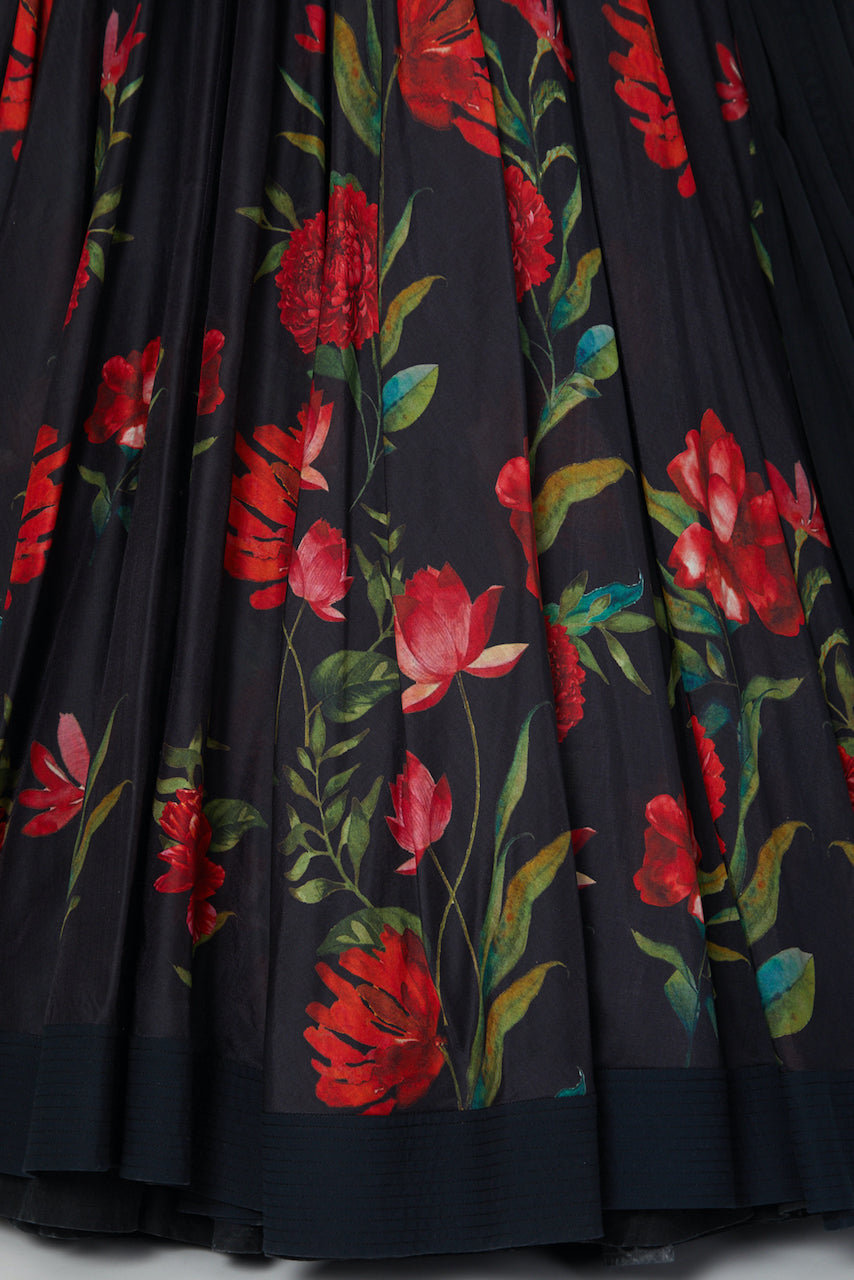 Black Chanderi Lehenga Set With Floral Digital Print