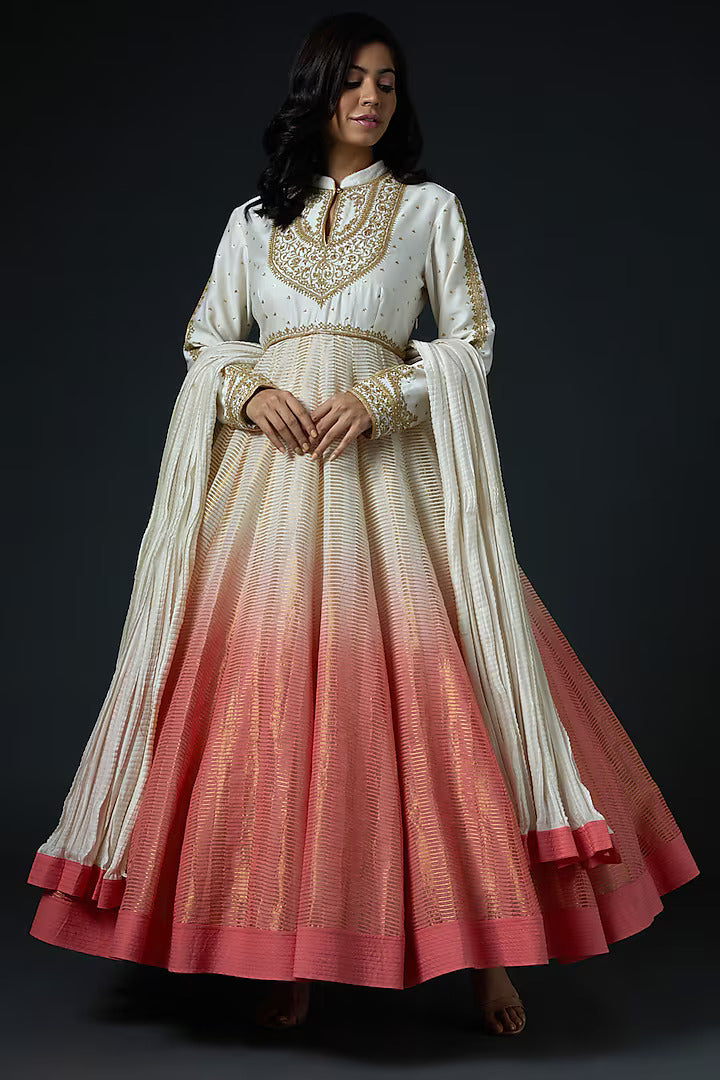Chanderi Anarkali Set With Embroidery & Crinkle Dupatta