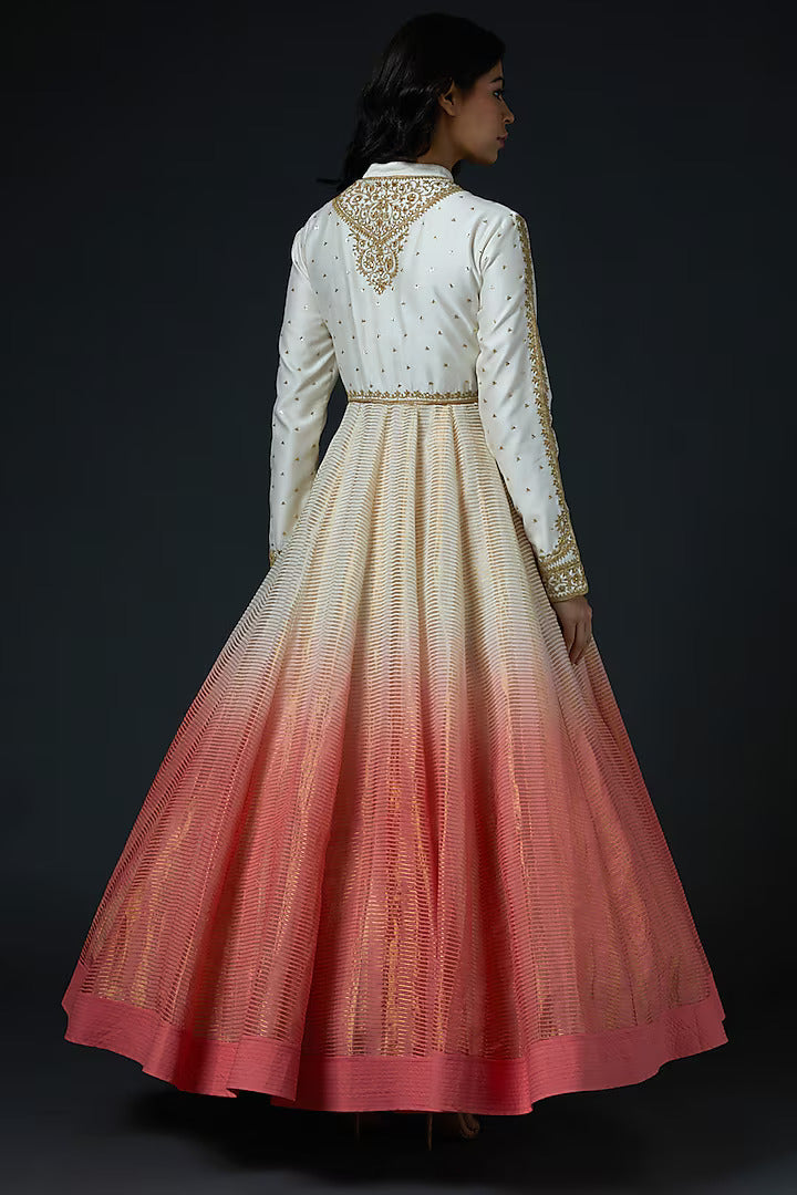 Chanderi Anarkali Set With Embroidery & Crinkle Dupatta