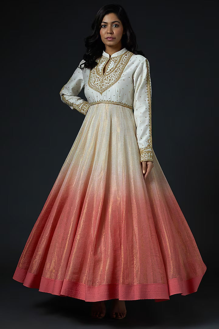 Chanderi Anarkali Set With Embroidery & Crinkle Dupatta