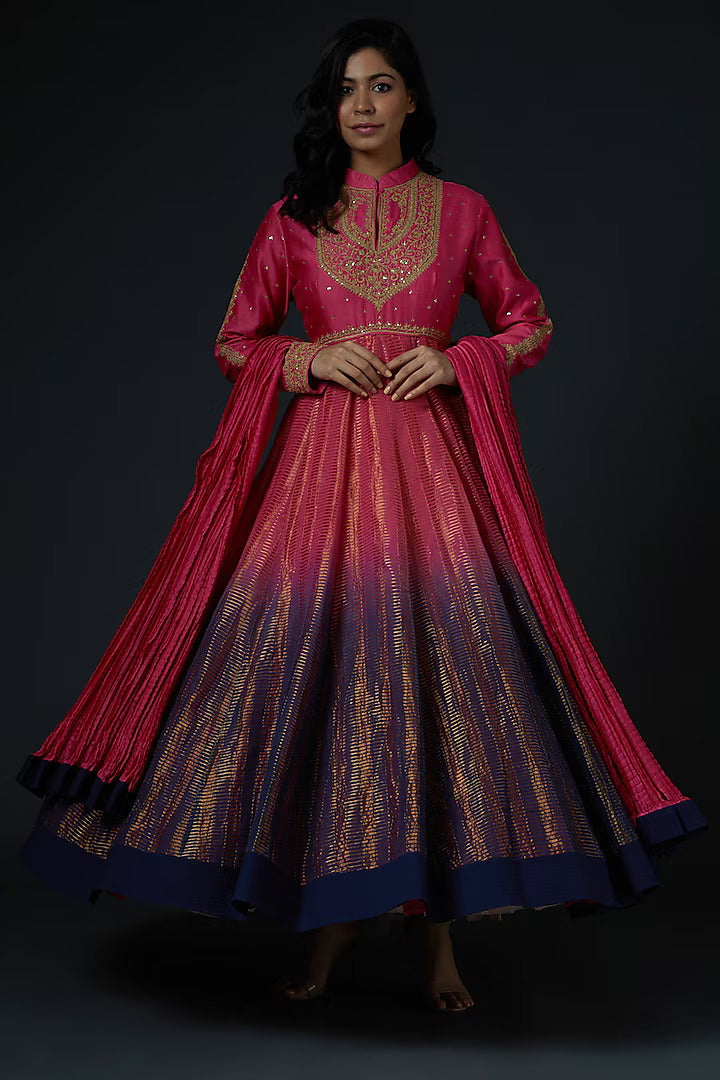 Chanderi Anarkali Set With Embroidery & Crinkle Dupatta