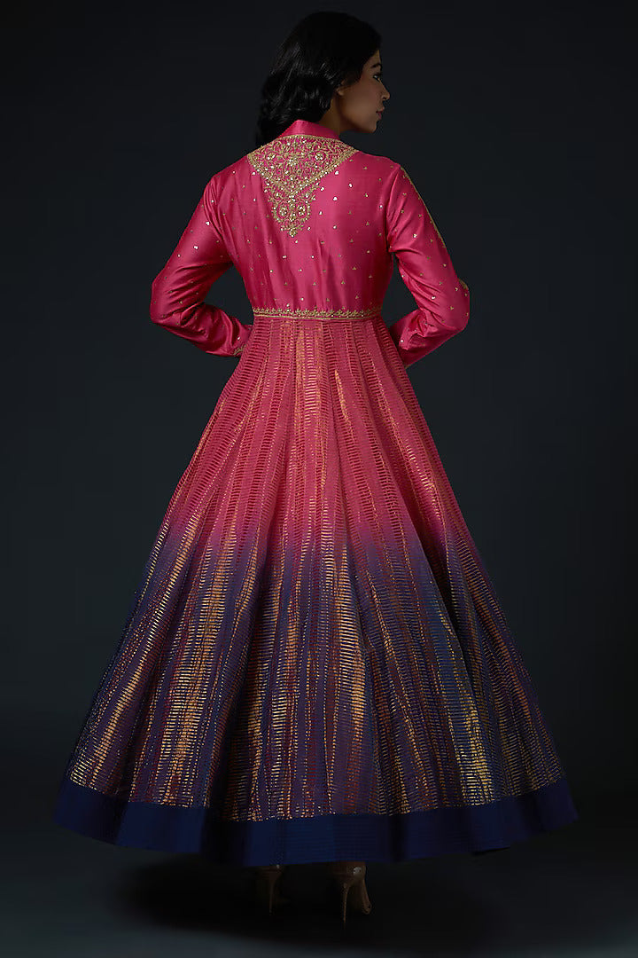 Chanderi Anarkali Set With Embroidery & Crinkle Dupatta