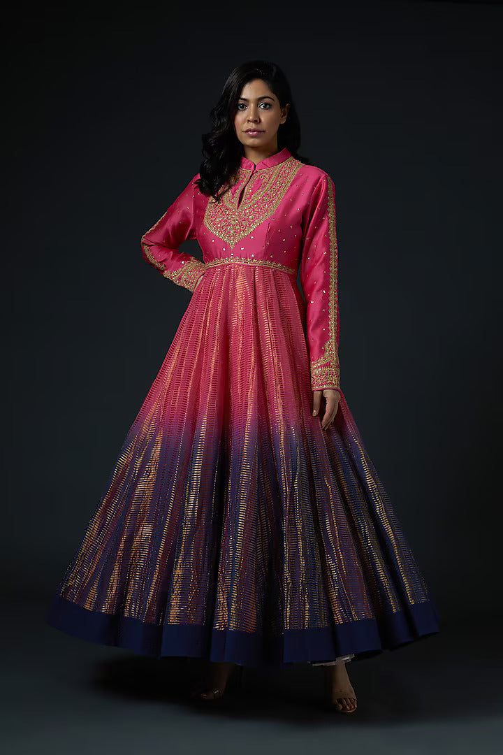 Chanderi Anarkali Set With Embroidery & Crinkle Dupatta