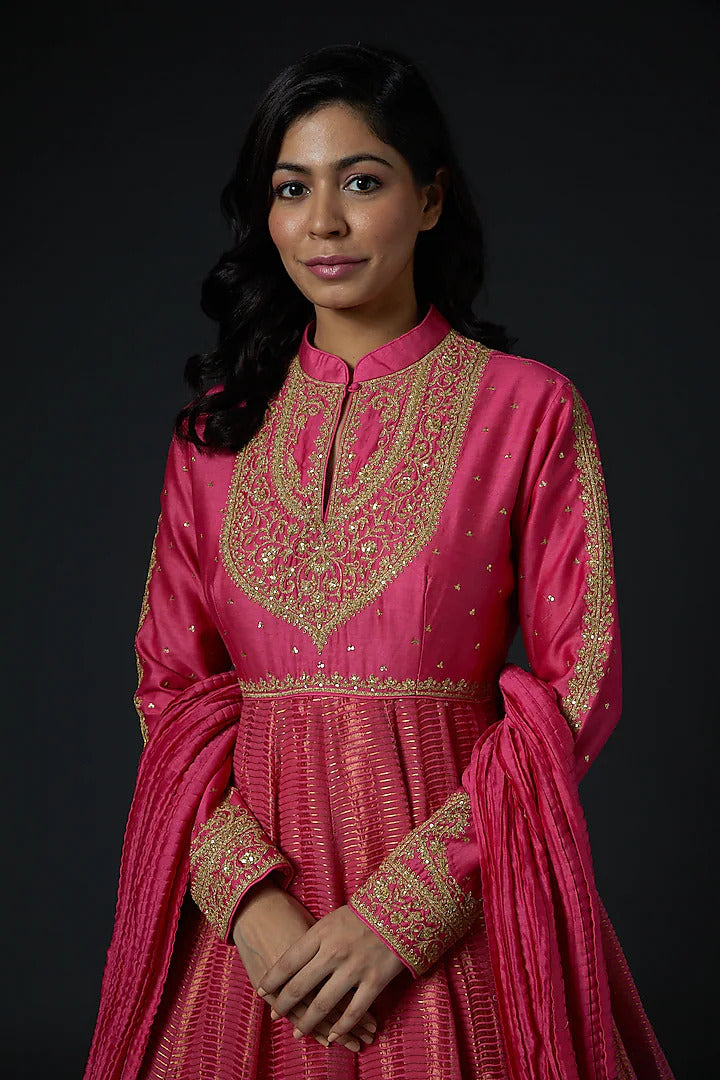 Chanderi Anarkali Set With Embroidery & Crinkle Dupatta