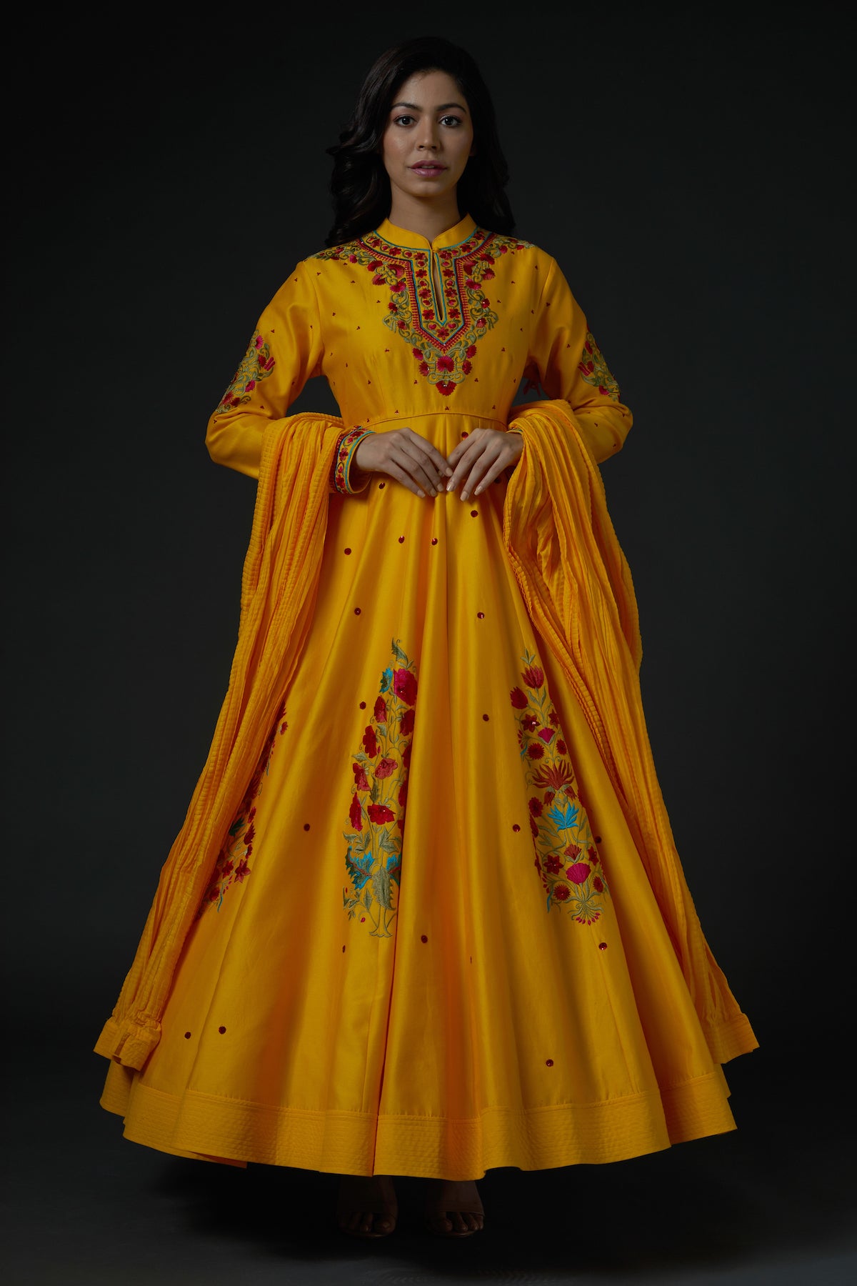 Chanderi Anarkali Set With Floral Embroidery