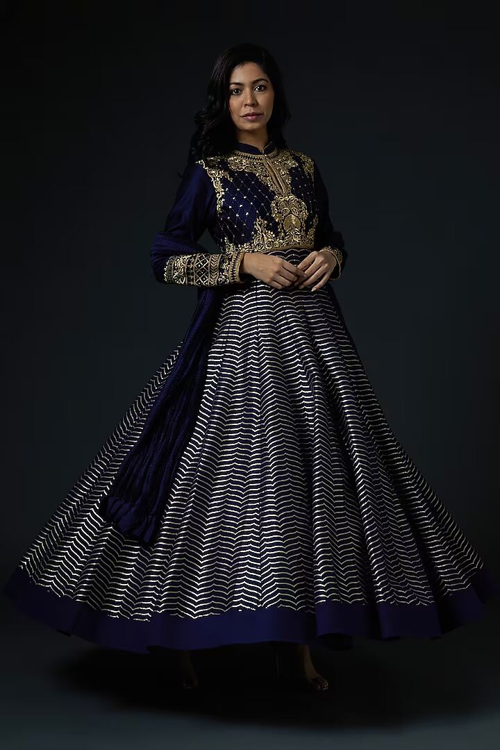 Navy Blue Hand Embroidered Anarkali Set