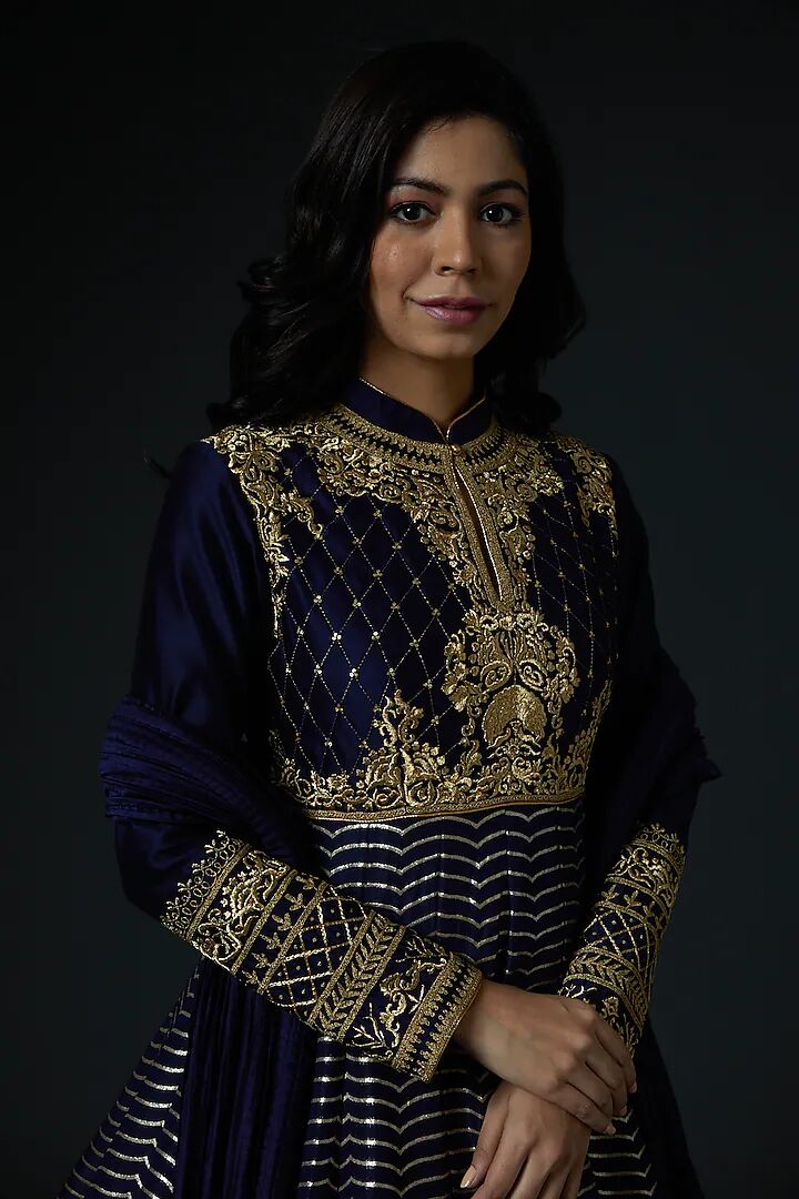Navy Blue Hand Embroidered Anarkali Set