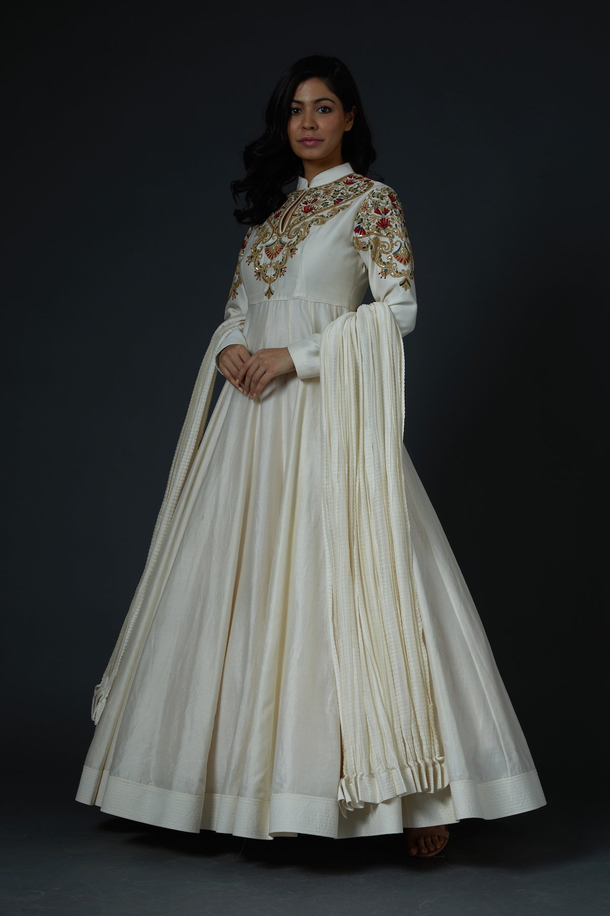 Chanderi Anarkali Set With Floral Embroidery