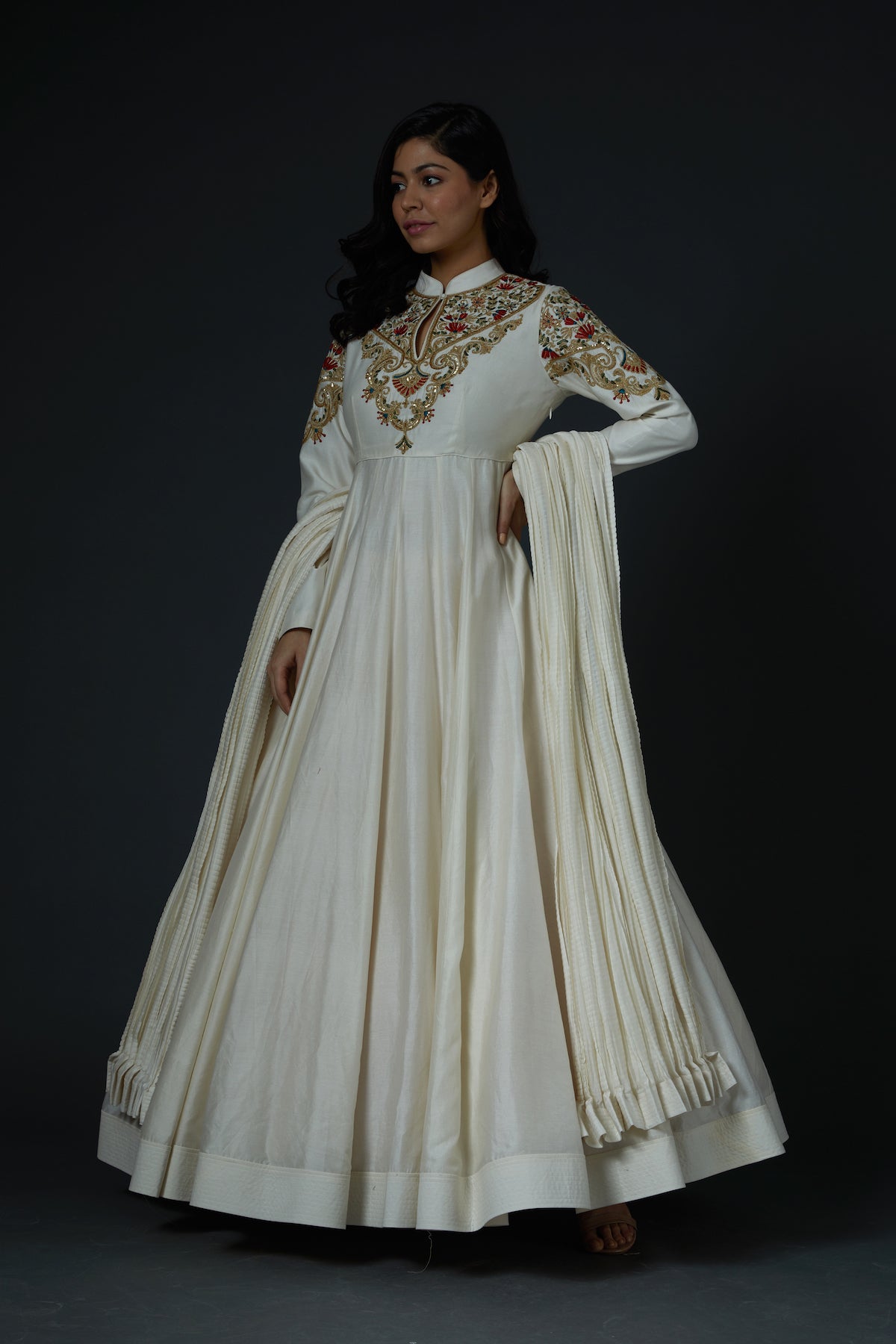 Chanderi Anarkali Set With Floral Embroidery
