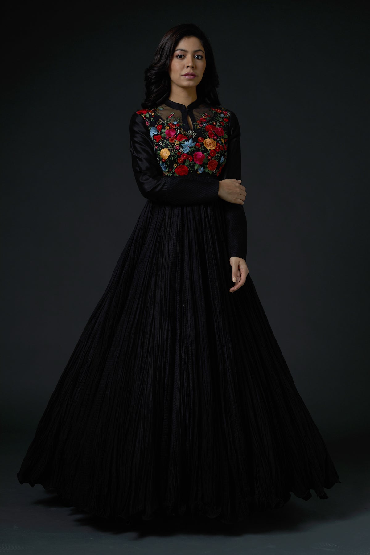 Chanderi Crinkle Ghera Anarkali Set With Neck Embroidery