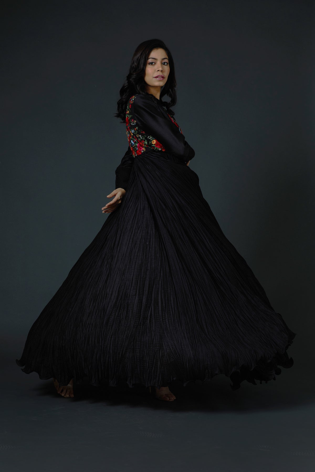 Chanderi Crinkle Ghera Anarkali Set With Neck Embroidery