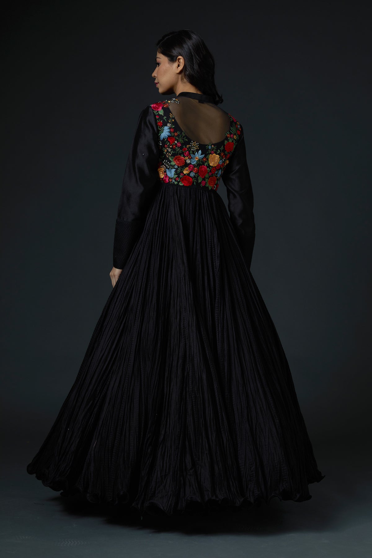 Chanderi Crinkle Ghera Anarkali Set With Neck Embroidery