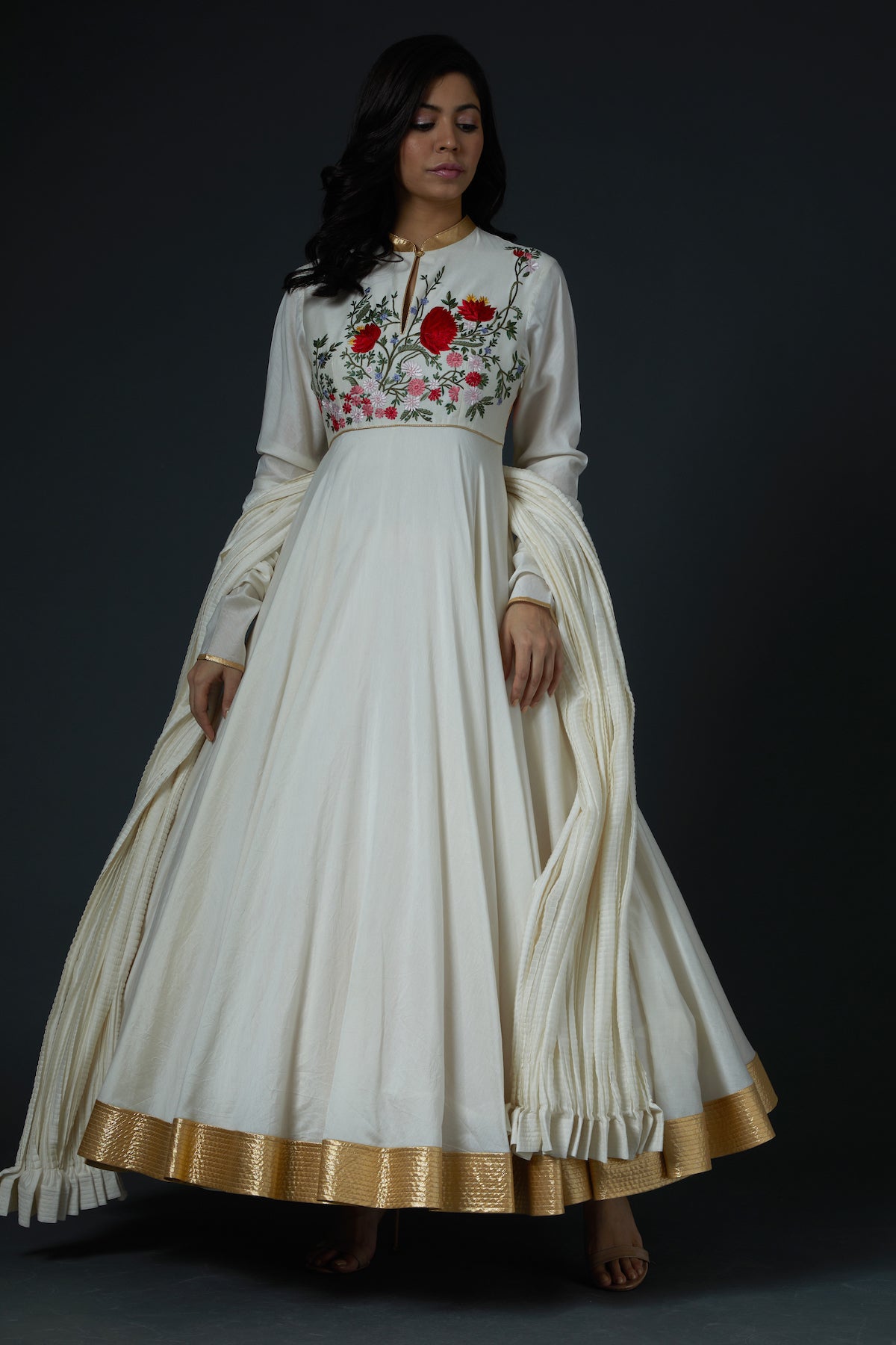 Chanderi Anarkali Set With Floral Embroidery