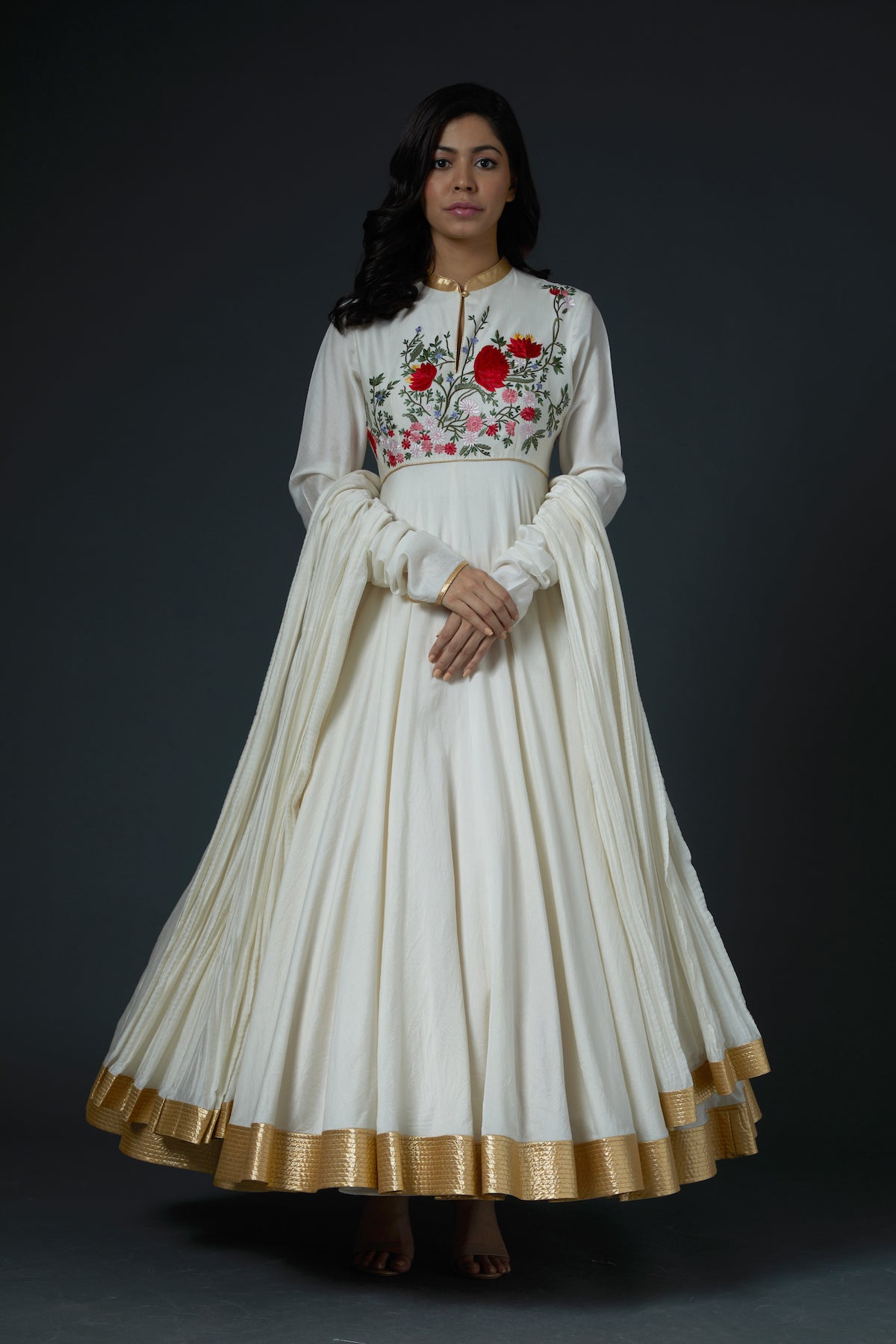 Chanderi Anarkali Set With Floral Embroidery