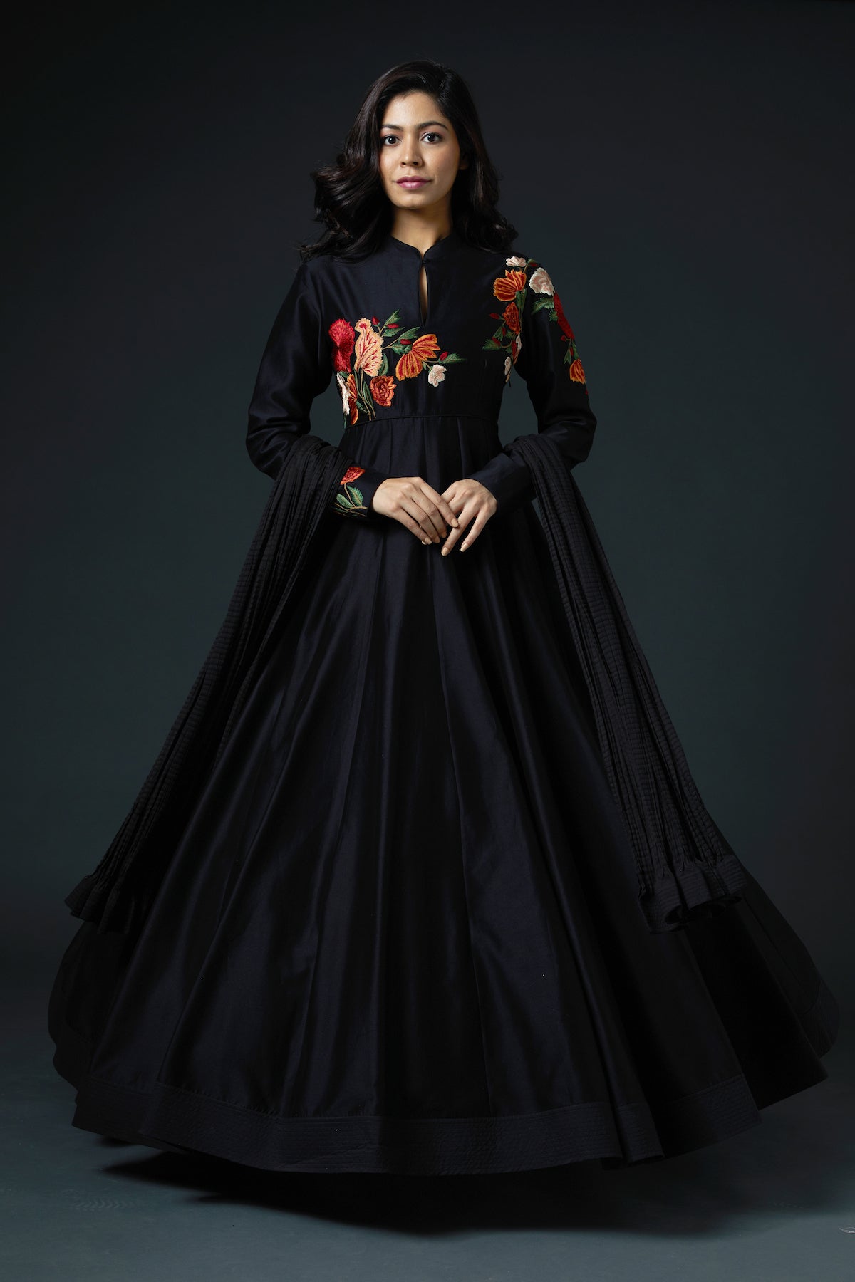 Chanderi Anarkali Set With Floral Embroidery