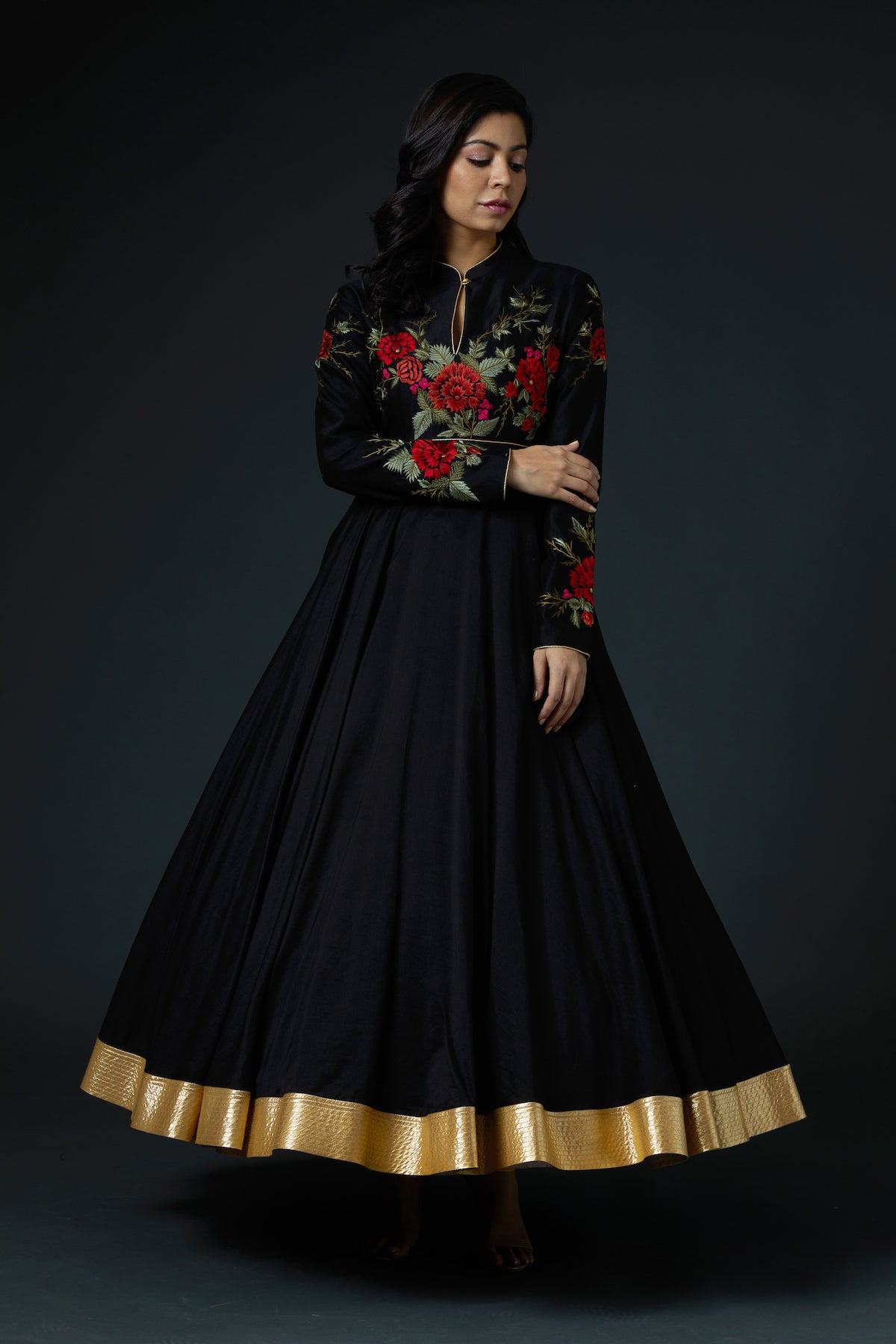 Chanderi Anarkali Set With Floral Embroidery