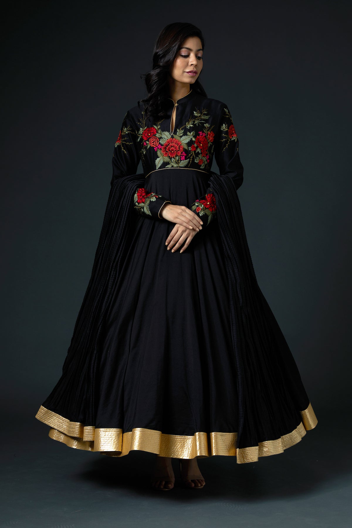 Chanderi Anarkali Set With Floral Embroidery