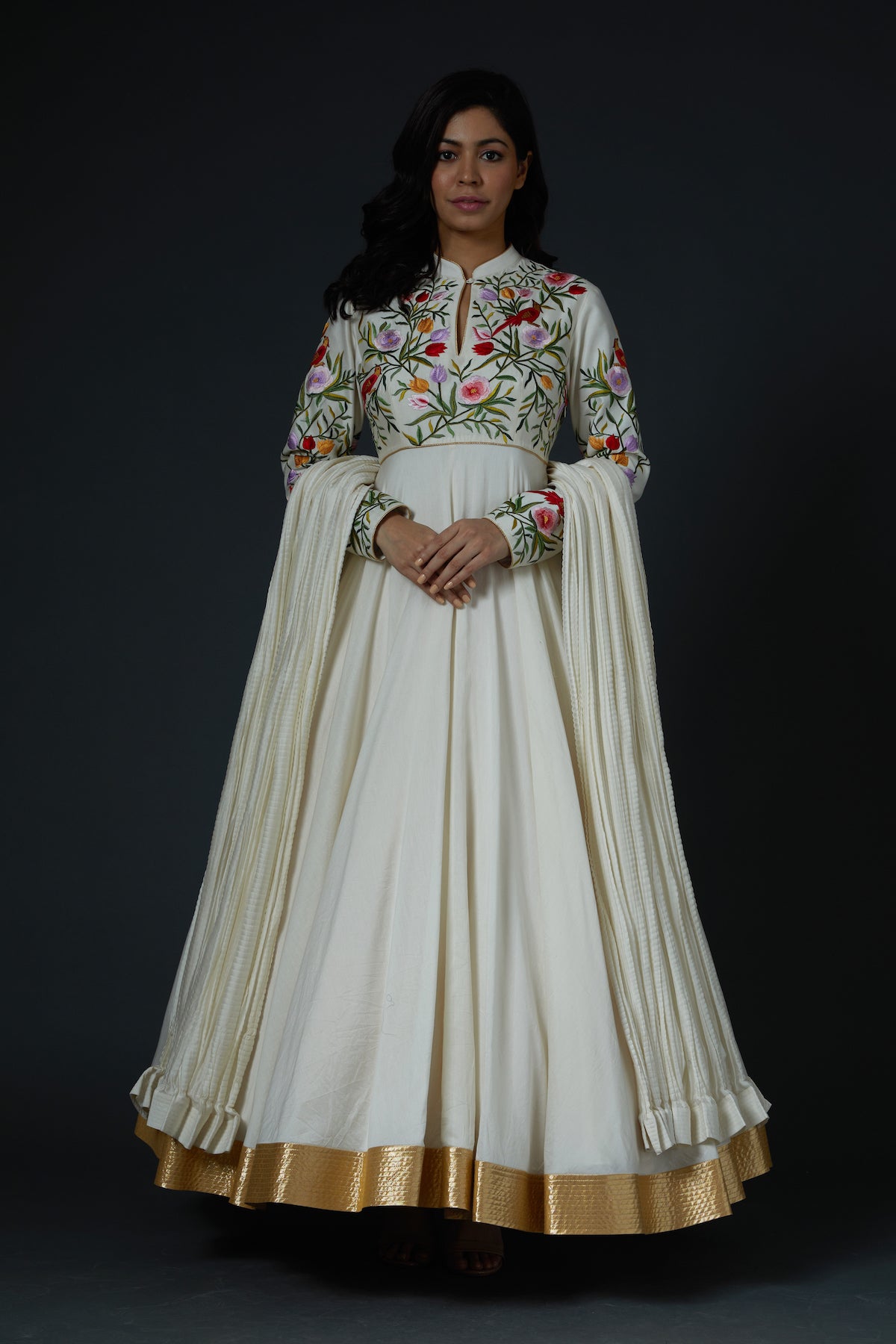 Chanderi Anarkali Set With Floral Embroidery