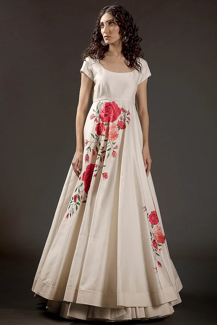 Ivory Chanderi Anarkali Set With Thread Embroidered