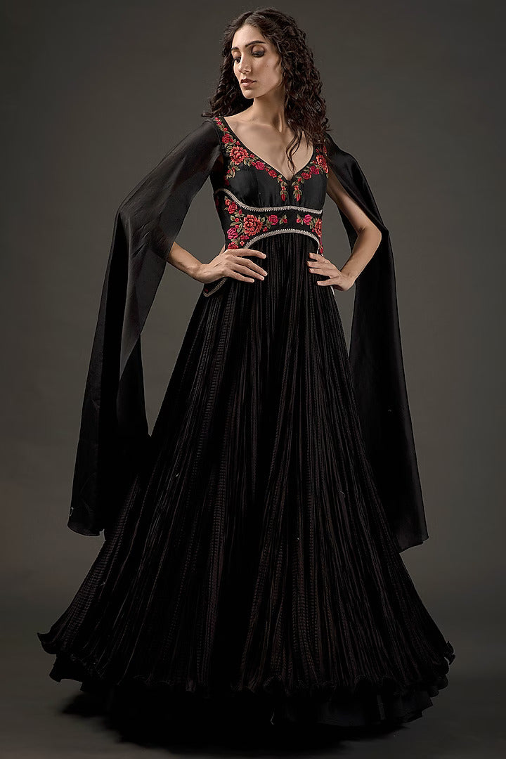 Chanderi Embroidered Anarkali Set With Crinkled Ghera