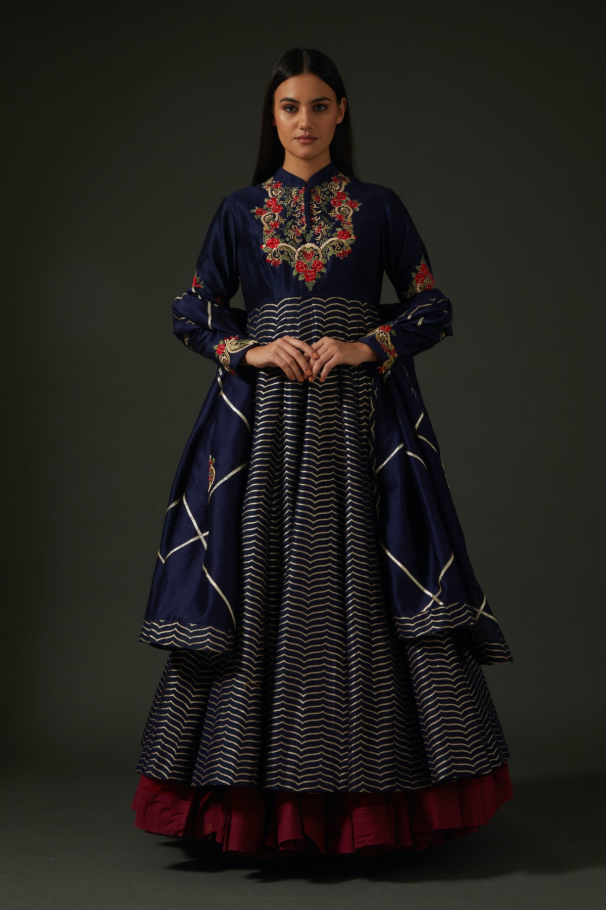 Chanderi Anarkali Set With Floral Embroidery