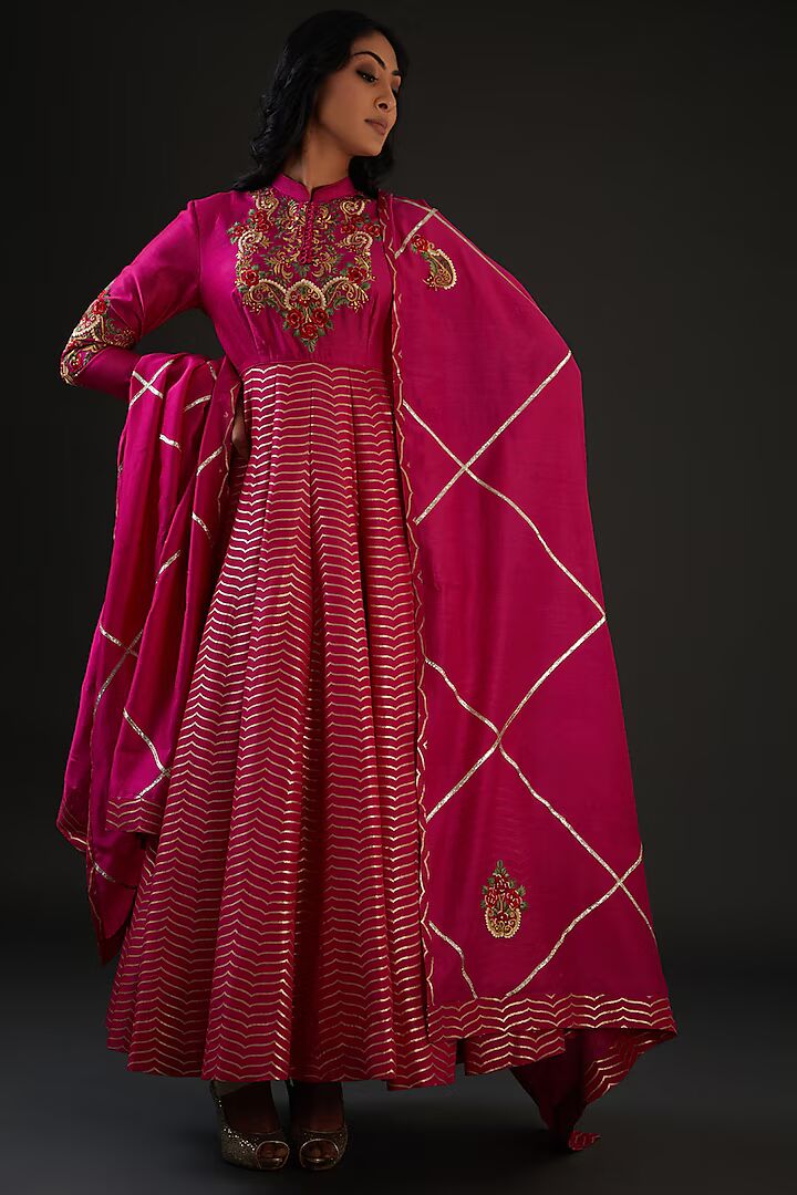 Pink Chanderi Silk Embroidered Anarkali Set