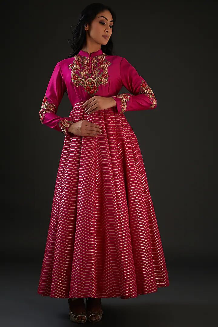 Pink Chanderi Silk Embroidered Anarkali Set