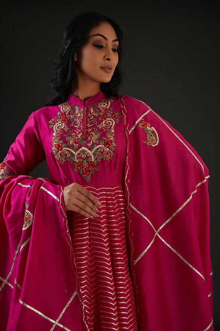 Pink Chanderi Silk Embroidered Anarkali Set