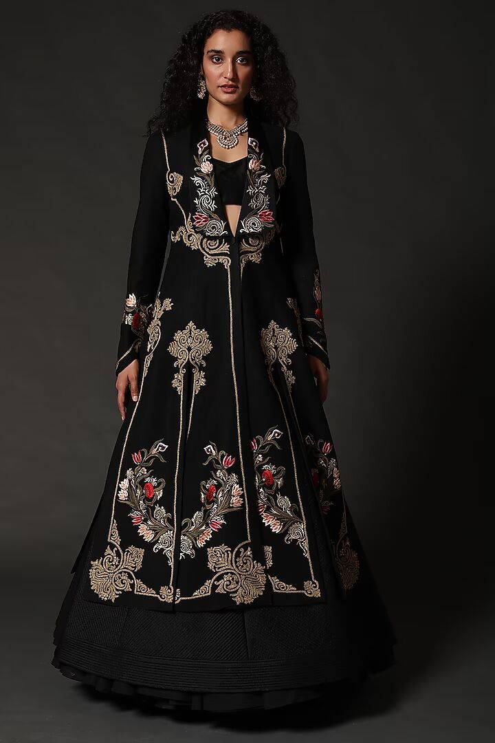 Black Matka Silk Long Jacket With Embroidery