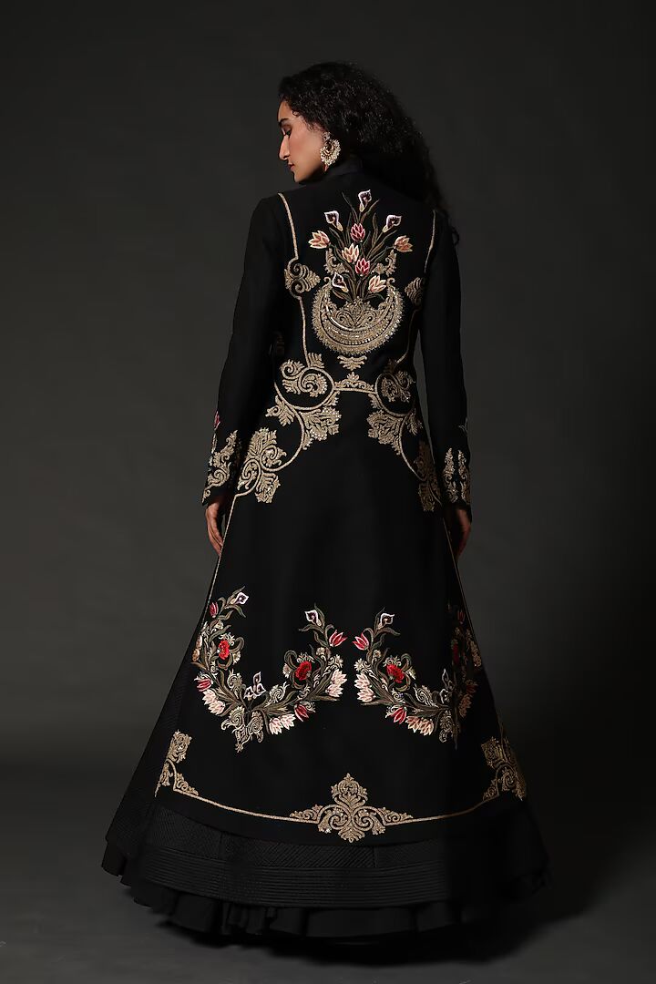 Black Matka Silk Long Jacket With Embroidery