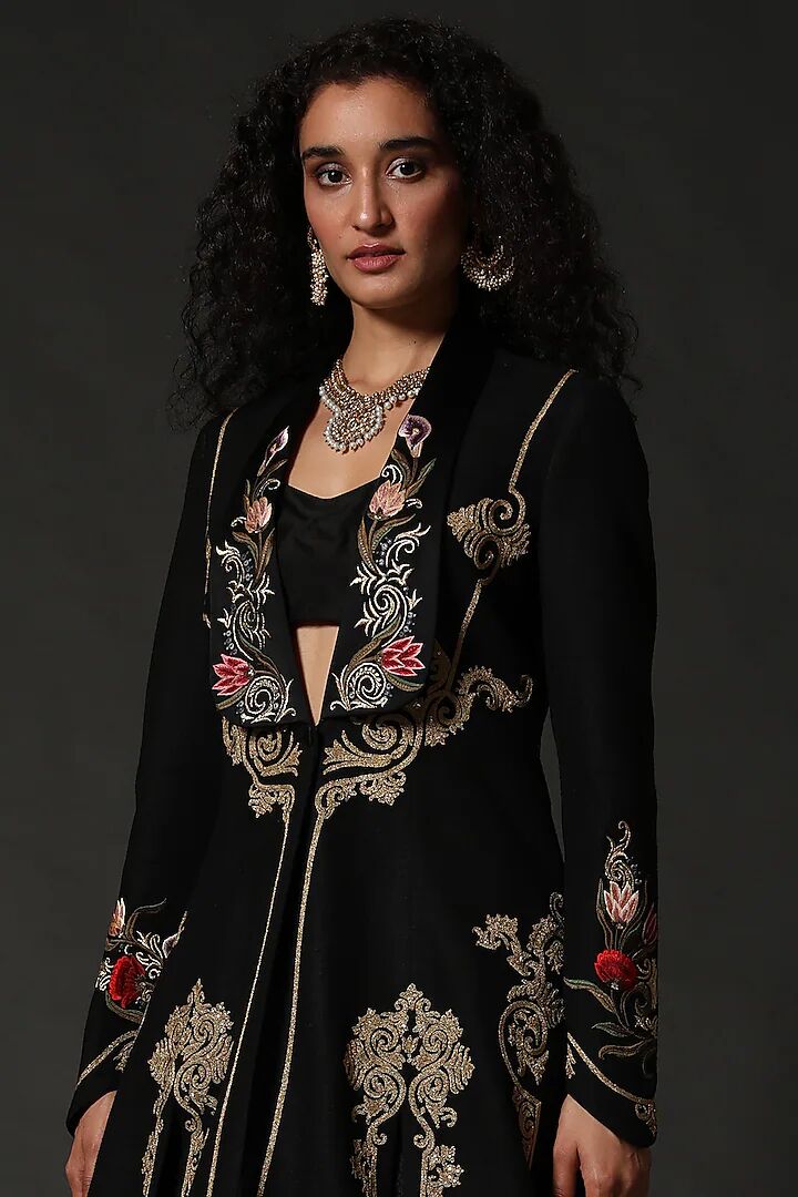 Black Matka Silk Long Jacket With Embroidery