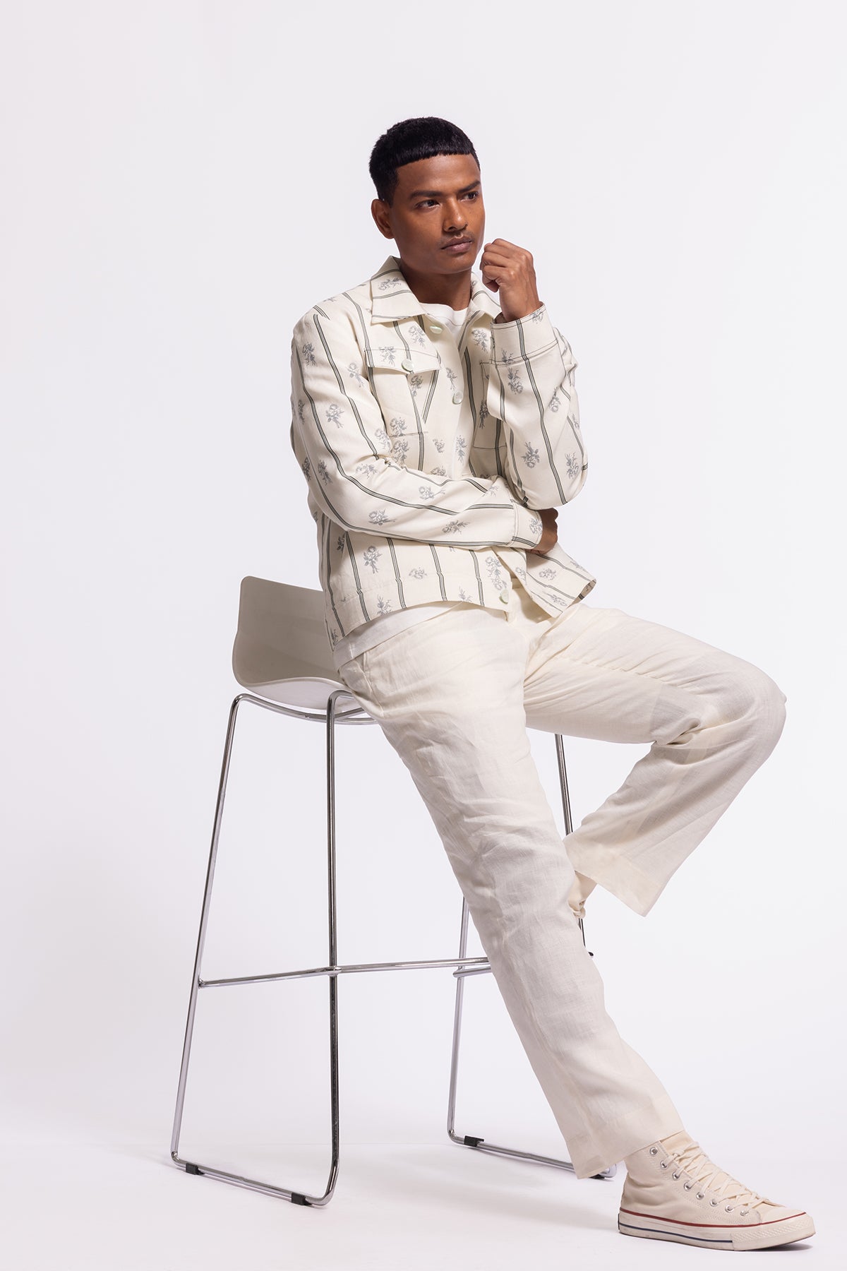 Men's Ivory Linen Jacket with Stripes and Floral Print